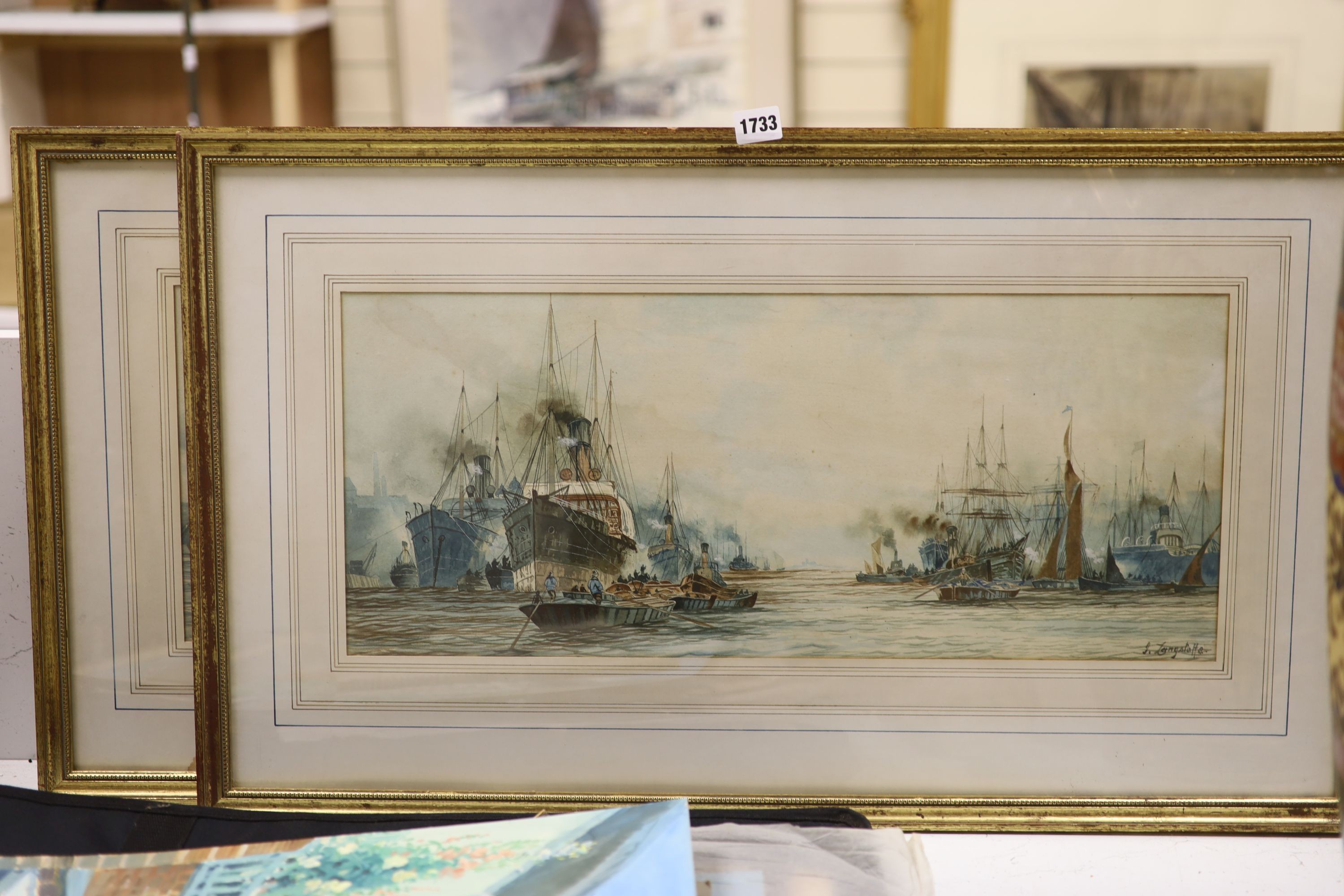 J. Longstaffe, pair of watercolours, Shipping on the Pool of London, signed, 26 x 61cm